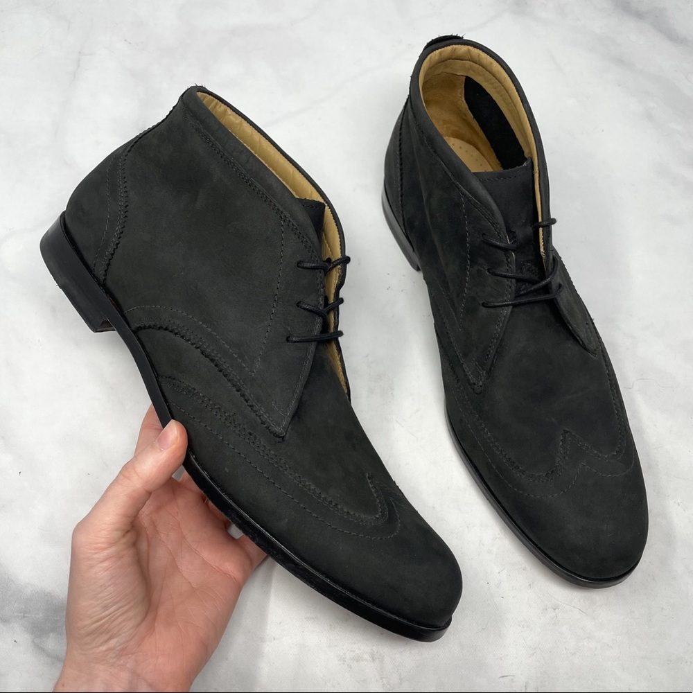 Cole Haan Nubuck Leather Wingtip Lace-Up Ankle Boots Formal Dressy Sleek Black 9